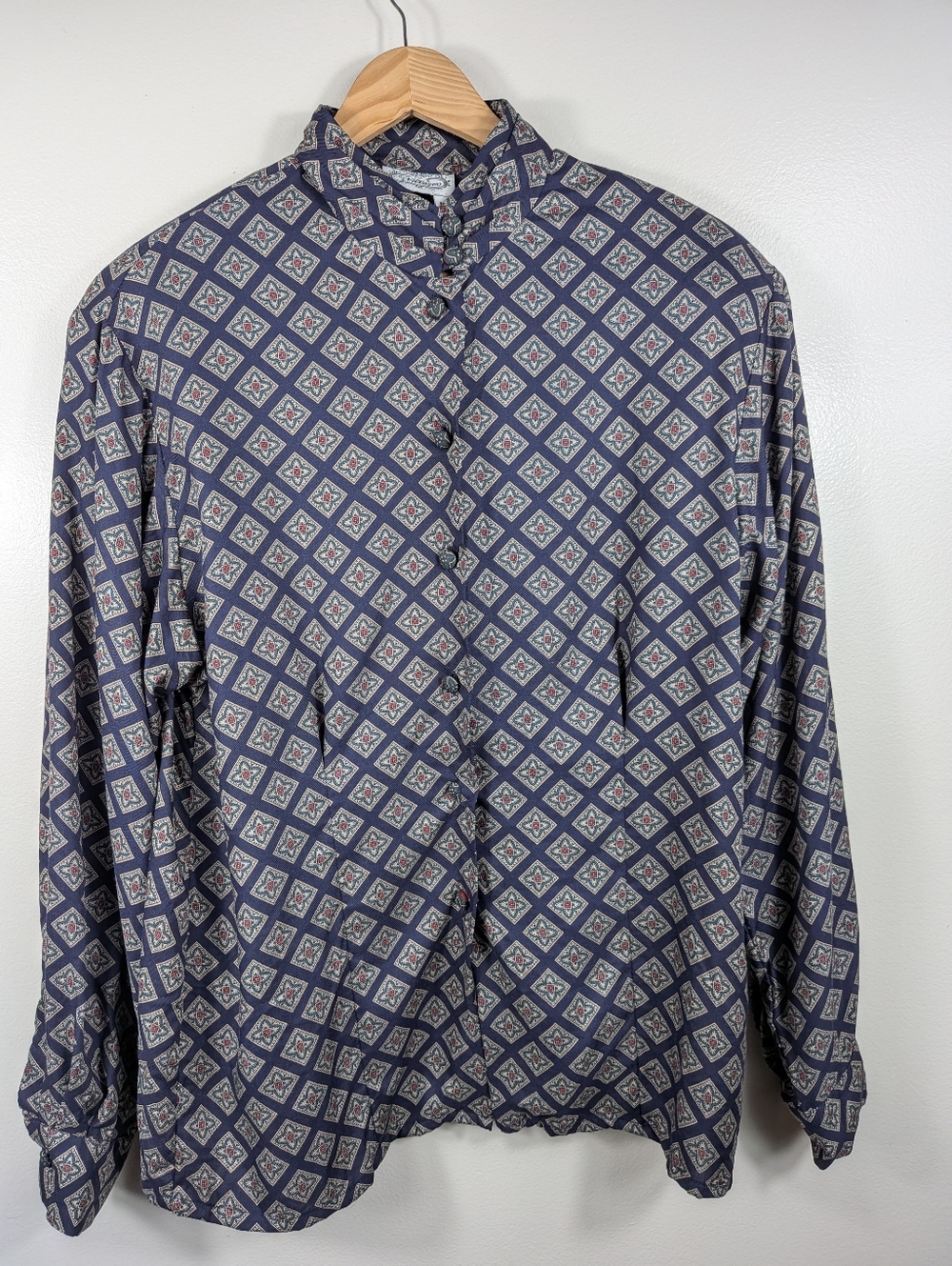 The Village Women's Navy Blue High Band Collar Button Up Longsleeve Blouse 10